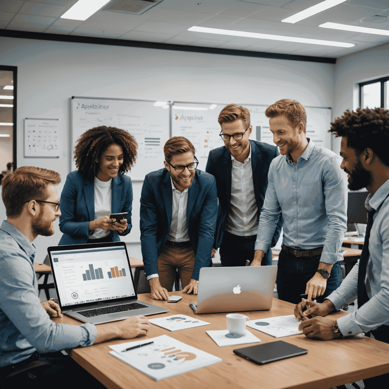 The AppCardles team collaborating in a modern office space, diverse group of professionals working on laptops and discussing ideas around a whiteboard filled with payment technology concepts