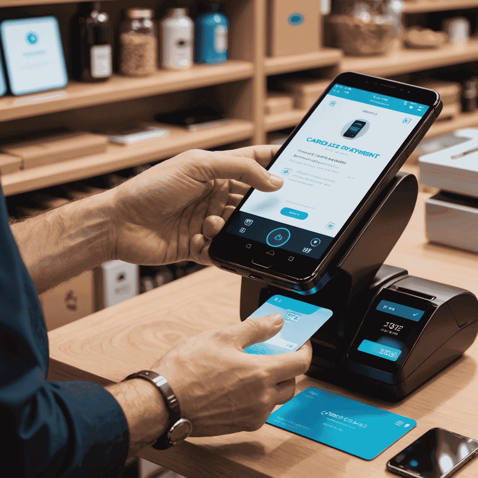 A person using a smartphone to make a cardless payment at a store, with a holographic interface showing transaction details floating above the phone