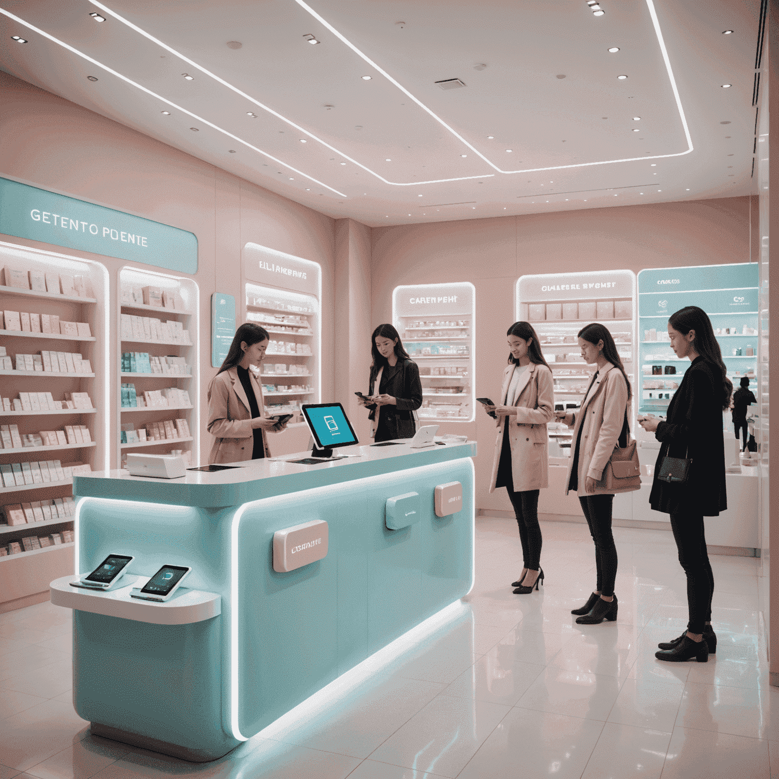 A futuristic retail store with customers using smartphones to make cardless payments at sleek, minimalist checkout points. The image showcases a clean, high-tech environment with soft pastel colors and smooth lighting.