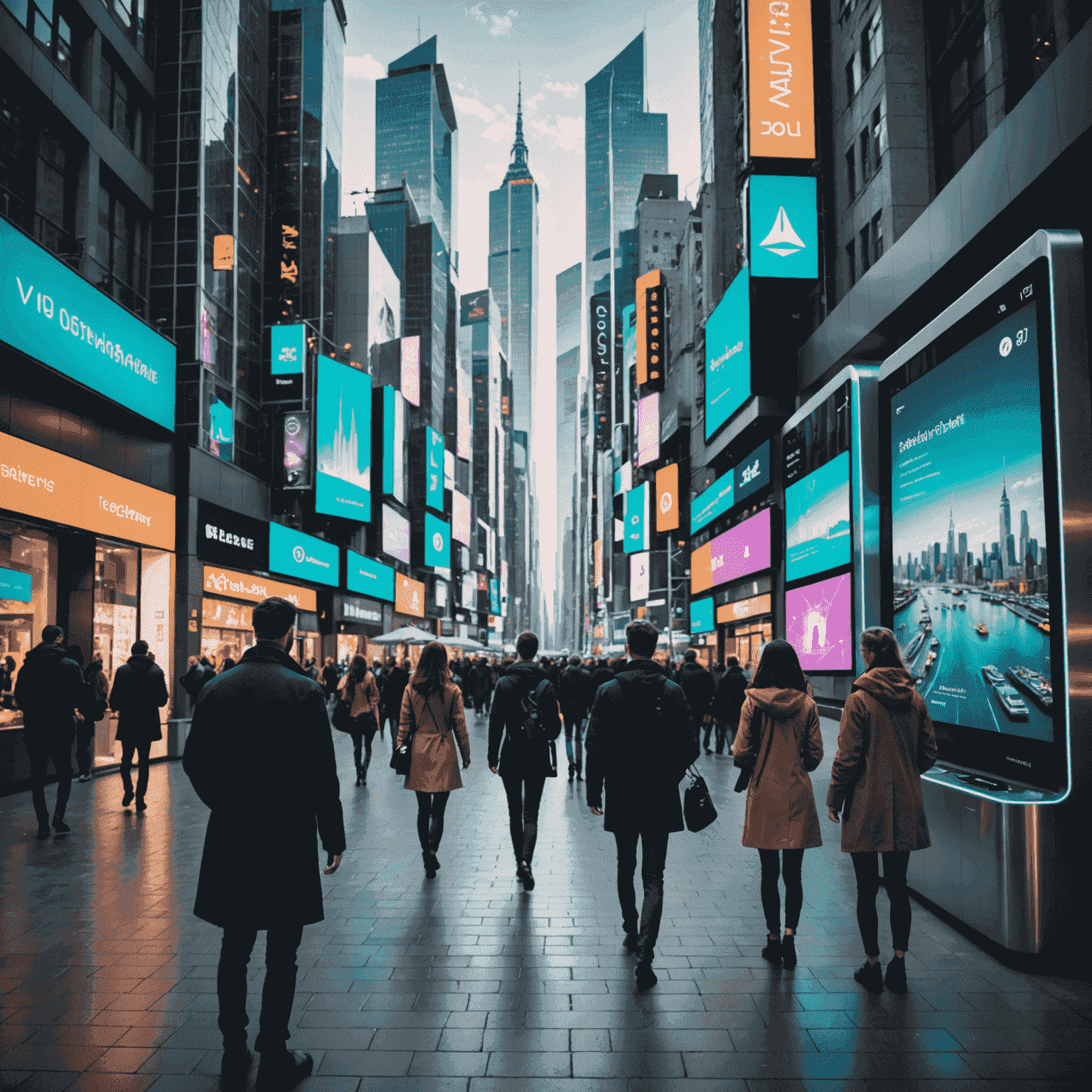 A futuristic cityscape with holographic displays showing various cardless payment options and people effortlessly making transactions using wearable devices and augmented reality interfaces