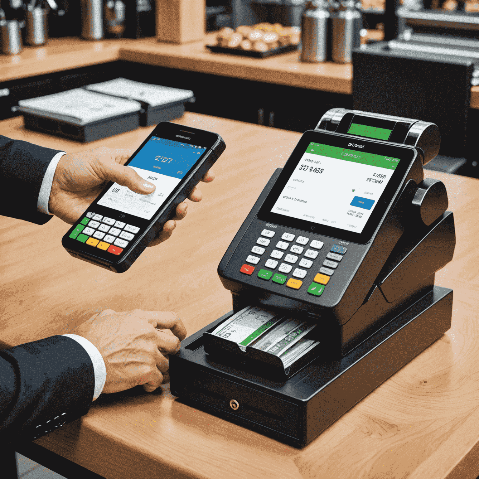 A split-screen image comparing a traditional cash register with a modern, sleek cardless payment terminal. The cardless system is shown with a vibrant user interface and a customer effortlessly completing a transaction with a smartphone.