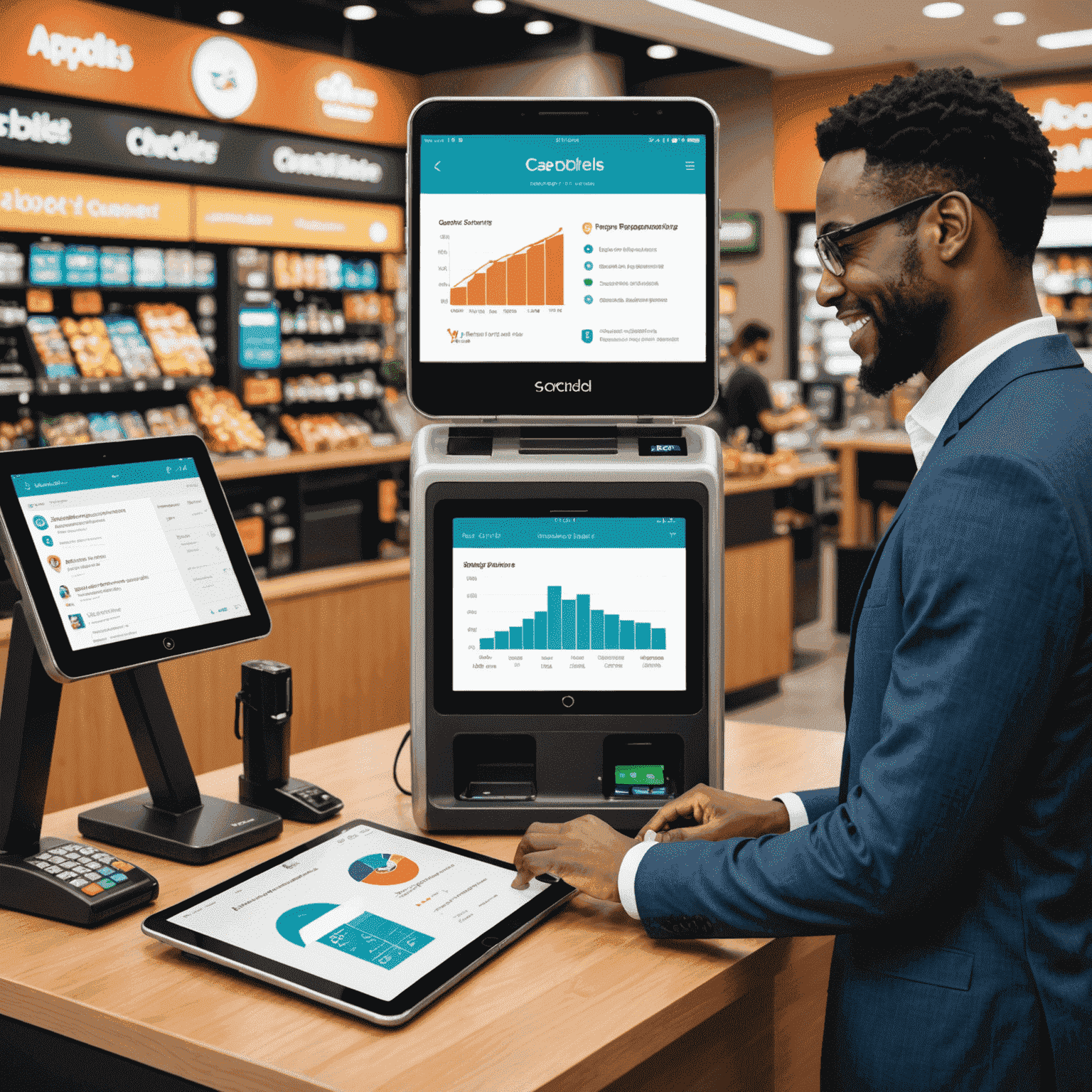 A collage showing various business scenarios benefiting from AppCardles: a happy customer at a checkout, a secure login screen, and a graph showing increased efficiency.