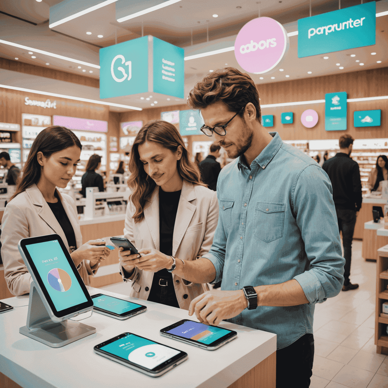 A futuristic retail environment showcasing various cardless payment methods in action. The image includes people using smartwatches, smartphones, and even gesture-based payments, all set in a store with soft pastel colors and sleek, minimalist design.