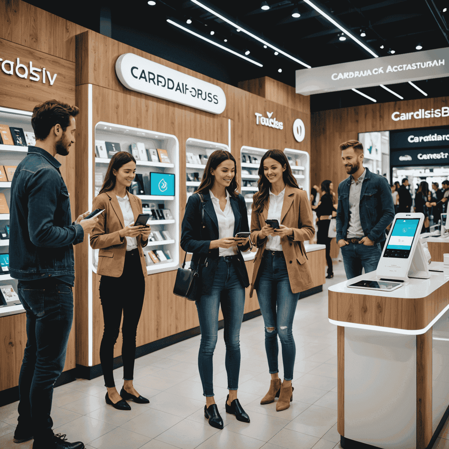 A futuristic retail environment with customers using smartphones to make cardless payments at various touchpoints, demonstrating the integration of cardless solutions in the retail industry